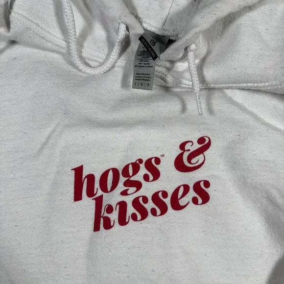 Gildan‎ Heavy Blend White Hogs Kisses XOXO Graphic Hoodie Sweatshirt Large - Picture 3 of 6
